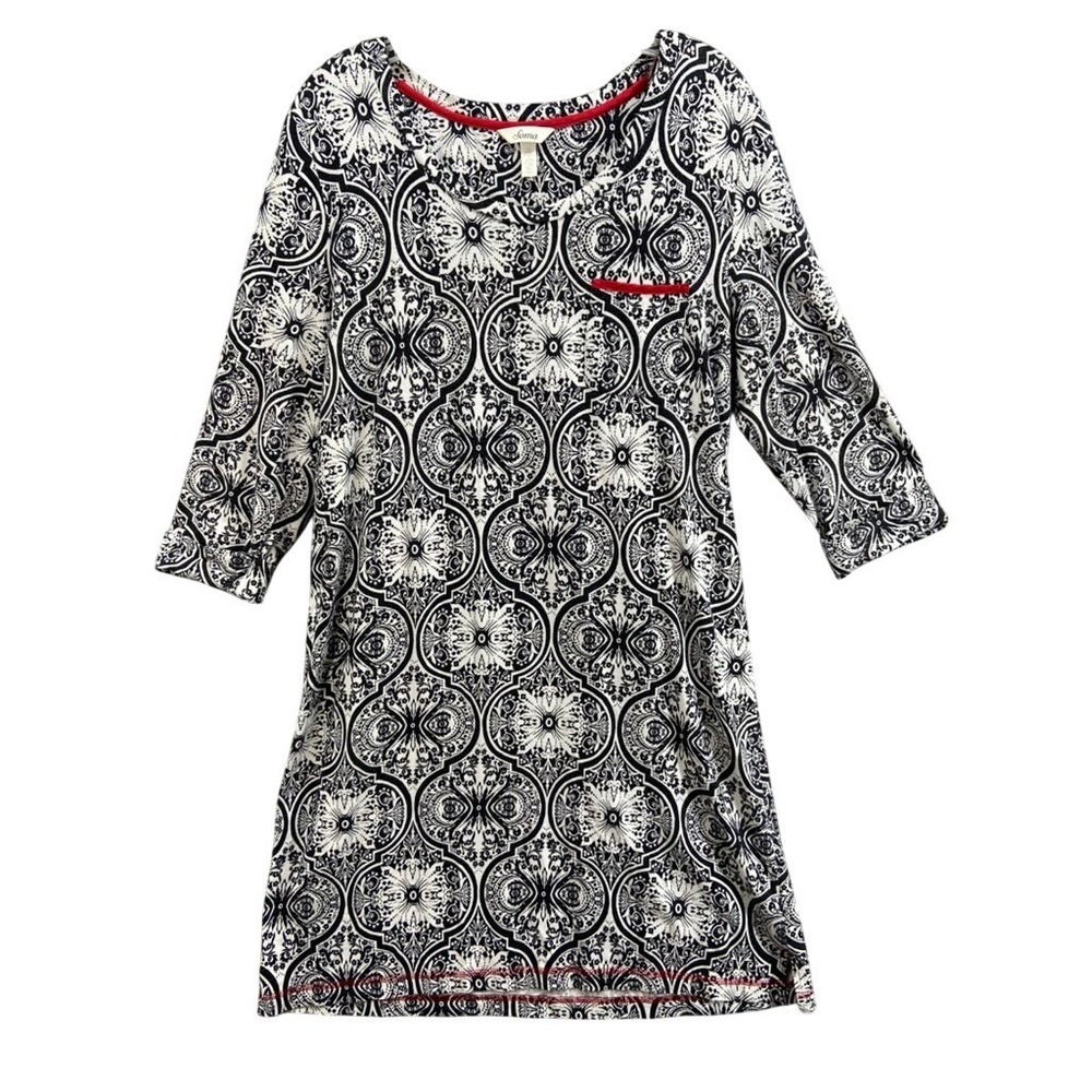 Soma Gown Sz L Black White Pattern 3/4 Sleeve Dress with Red Trim Nightgown - Picture 1 of 9